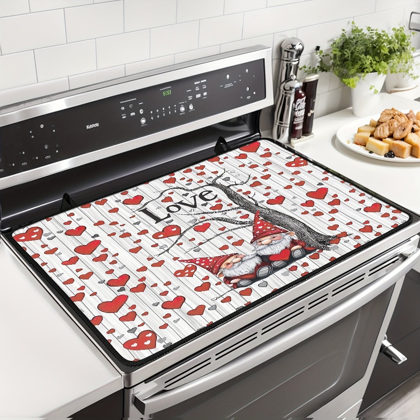 Valentine's Day-inspired stovetop cover featuring a charming gnome and heart design. Made with heat-resistant non-slip material to protect glass and ceramic surfaces from scratches. Perfect for coffee stations, kitchen decor, and more. Easy to wash and