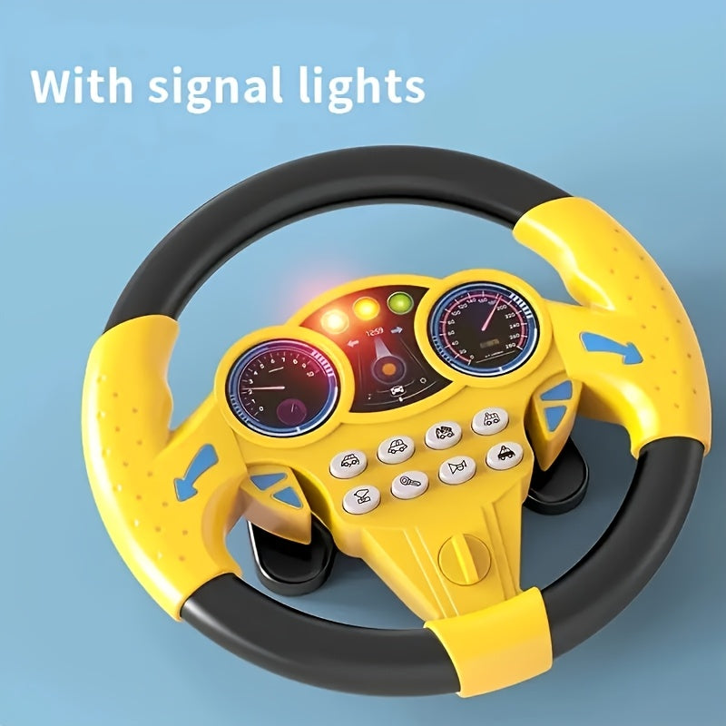 Children's driving simulator steering wheel toy with suction cups, educational interactive car wheel made of plastic. Multi-functional with sound effects in pink and yellow, perfect gift