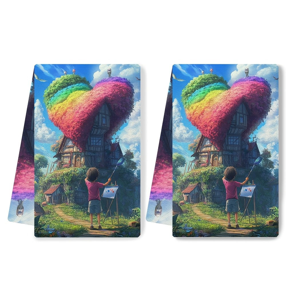 Set of 2 Kitchen Towels with Ultra Soft Anime Boy Painting Heart Shaped House, Rainbow Roof Design, Highly Absorbent Dish Hand Towels for Holiday Decor, Machine Washable, 16x24 Inch - Item Number 2KYSYS1215117