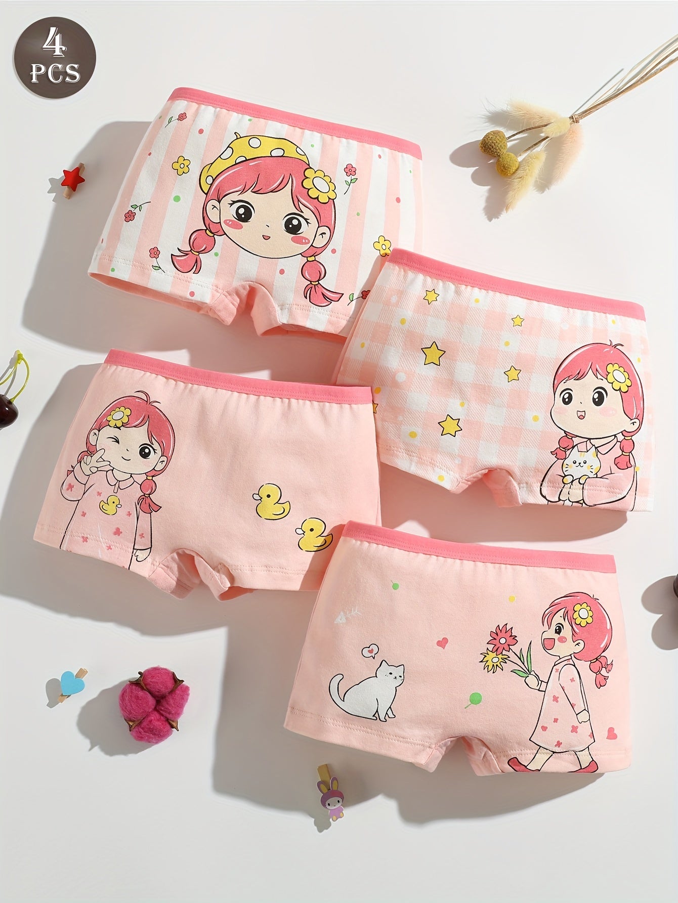 4 Soft Cotton Girls Boxer Briefs with Cartoon Pattern, Flat Leg Underwear