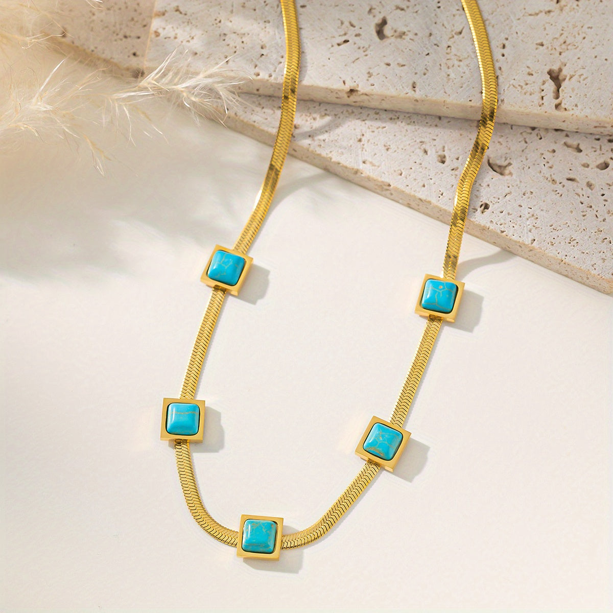 Stylish 18K Gold Plated Square Pendant Necklace with Synthetic Turquoise, Stainless Steel - Ideal Gift for Loved Ones - Versatile Piece for Daily Wear, Street Style, Parties, and Ramadan Celebrations - Suitable for All Seasons