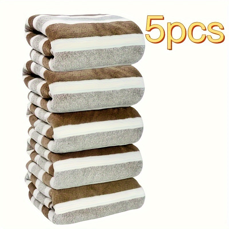 Soft coral fleece towel set includes 5 pieces, quick-dry and striped for various uses, made of premium polyester fabric weighing 280gsm.