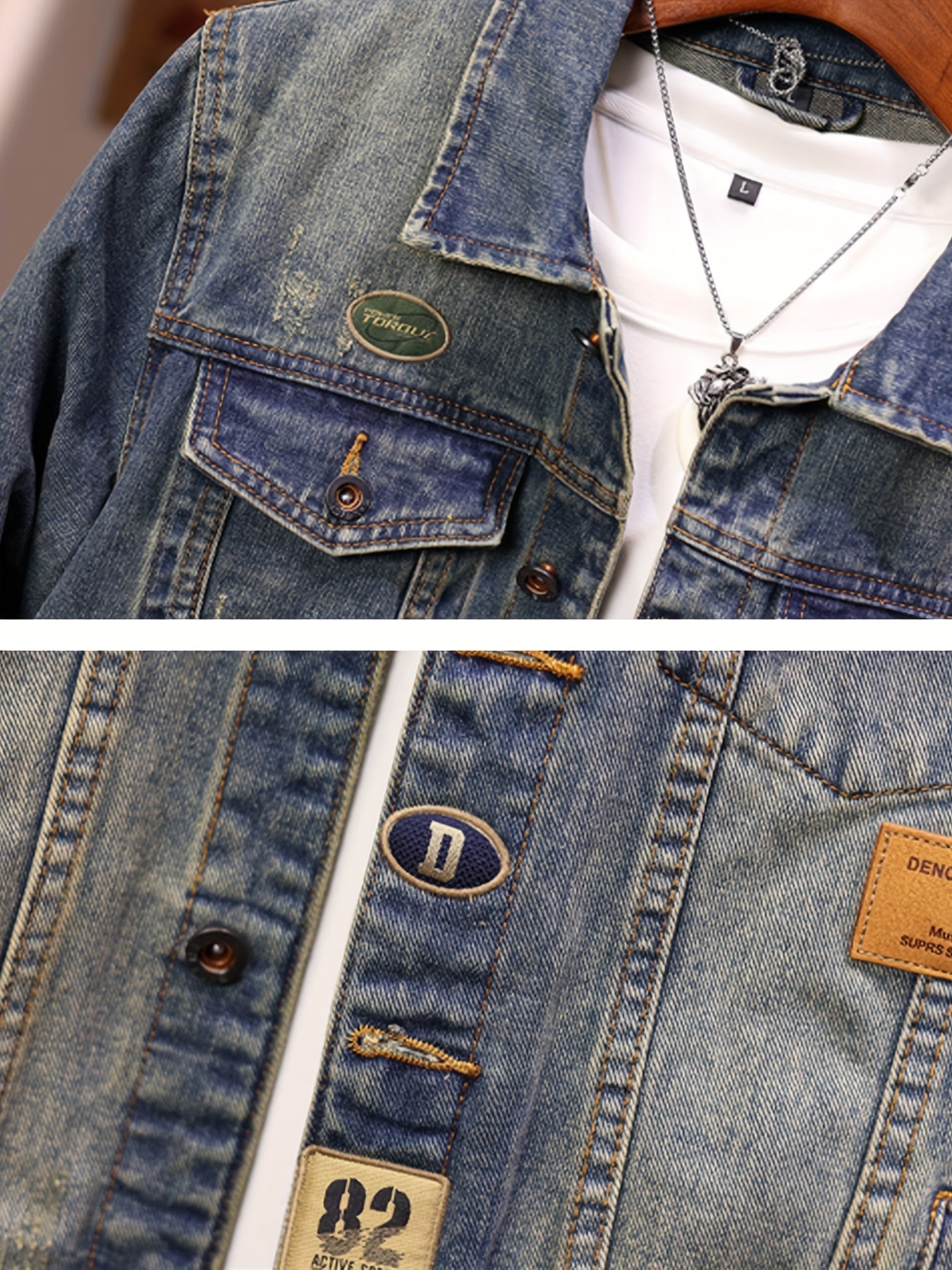 Men's vintage style denim jacket with pockets and button-up lapel, suitable for spring and fall.