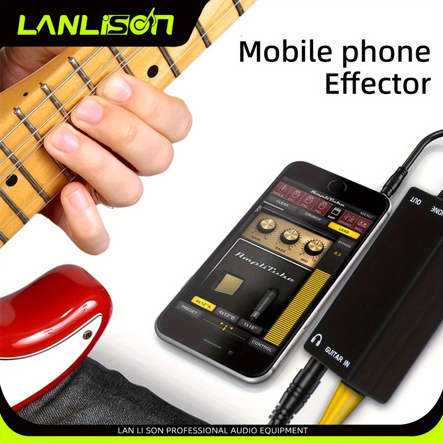 Lanlison Audio Adapter connects various instruments to smartphone for recording, effects, and conversion.