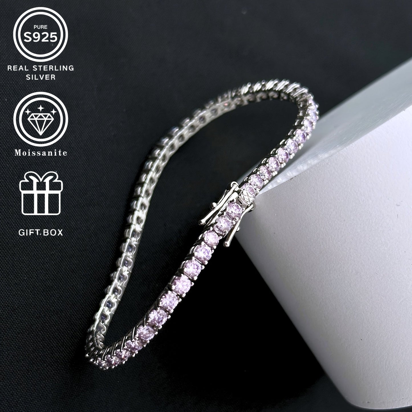 This fashionable pink sparkling Moissanite bracelet, made of S925 silver, is a luxurious and elegant piece weighing 9.6G. It makes for a classic gift for a loved one or family member.