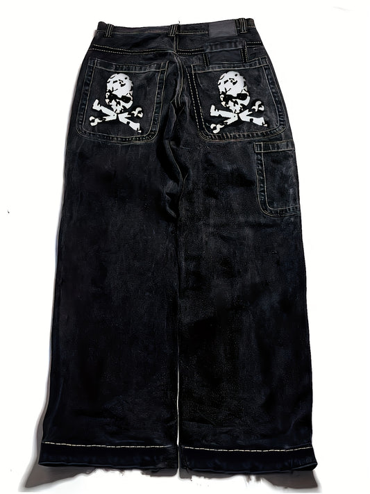 Men's Y2K Style Skull Print Wide-Leg Jeans with Flap Pockets - Streetwear Denim, Machine Washable, Blend Fabric, PLUS SIZE