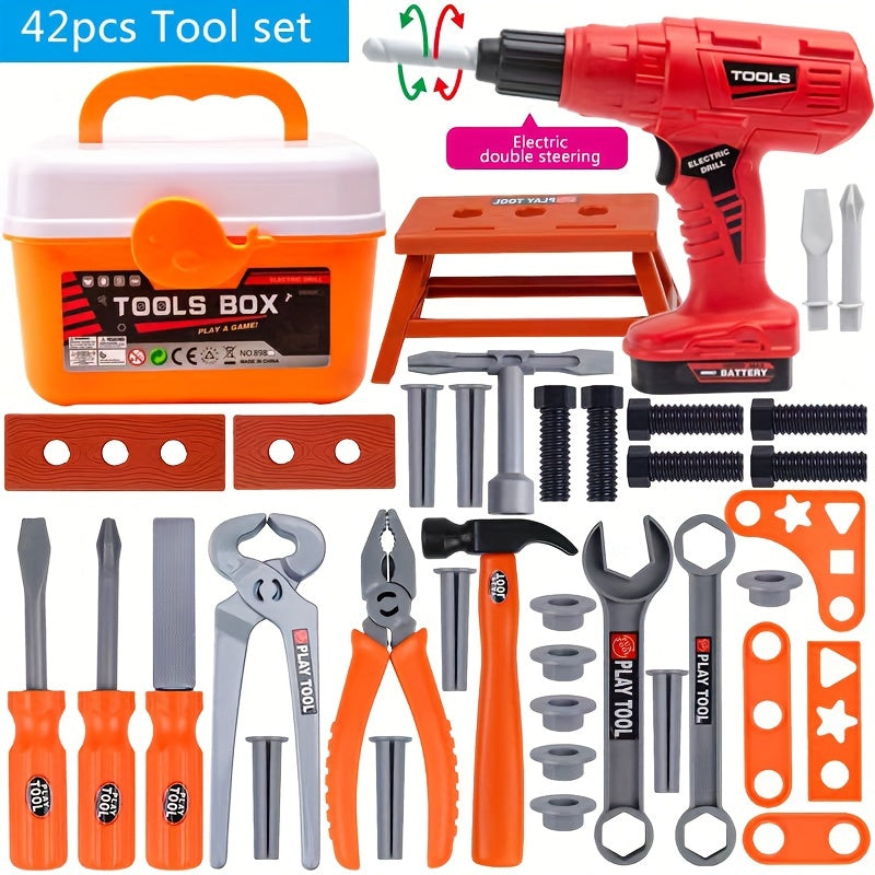 Children's Tool Set including a tool box, electric toy drill, and pretend play building toy set for boys and girls, perfect as birthday gifts.