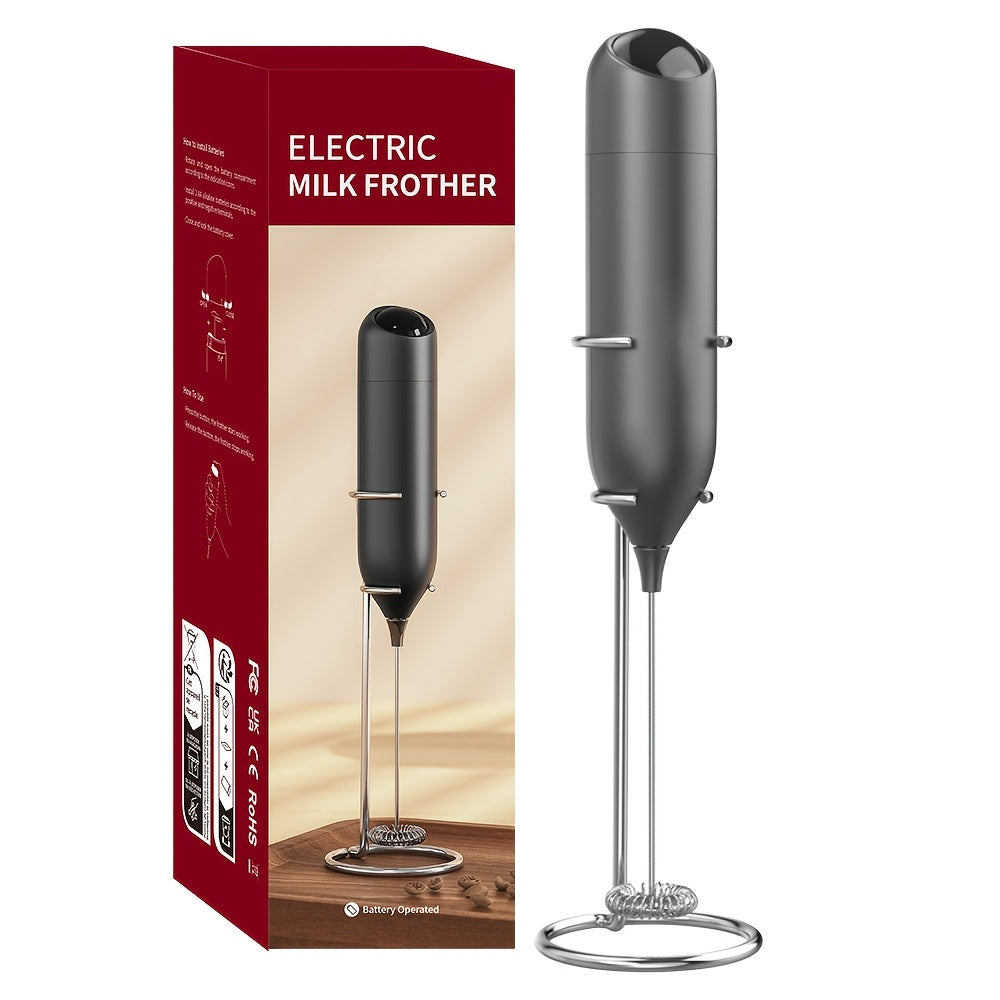 Battery operated portable milk frother for creating rich and creamy froth. Made with a lightweight plastic handle and 304 stainless steel whisk, this low decibel kitchen tool is perfect for DIY drinks, coffee lovers, camping, weddings, and Christmas