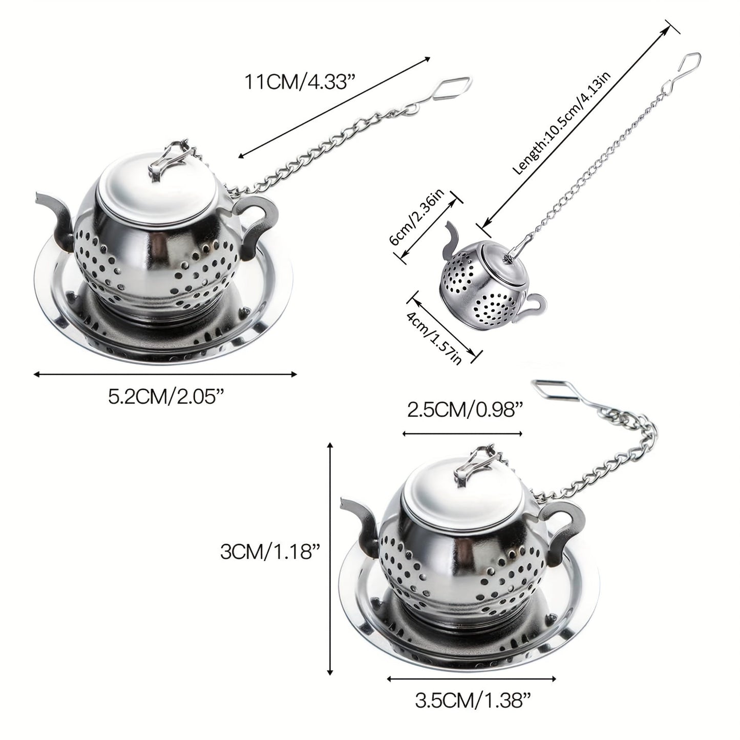 Set of 1 Stainless Steel Teapot-Shaped Tea Infuser with Saucer - Reusable Fine Mesh Filter for Loose Leaf Tea - Strong Tea Steeper with Chain and Drip Tray