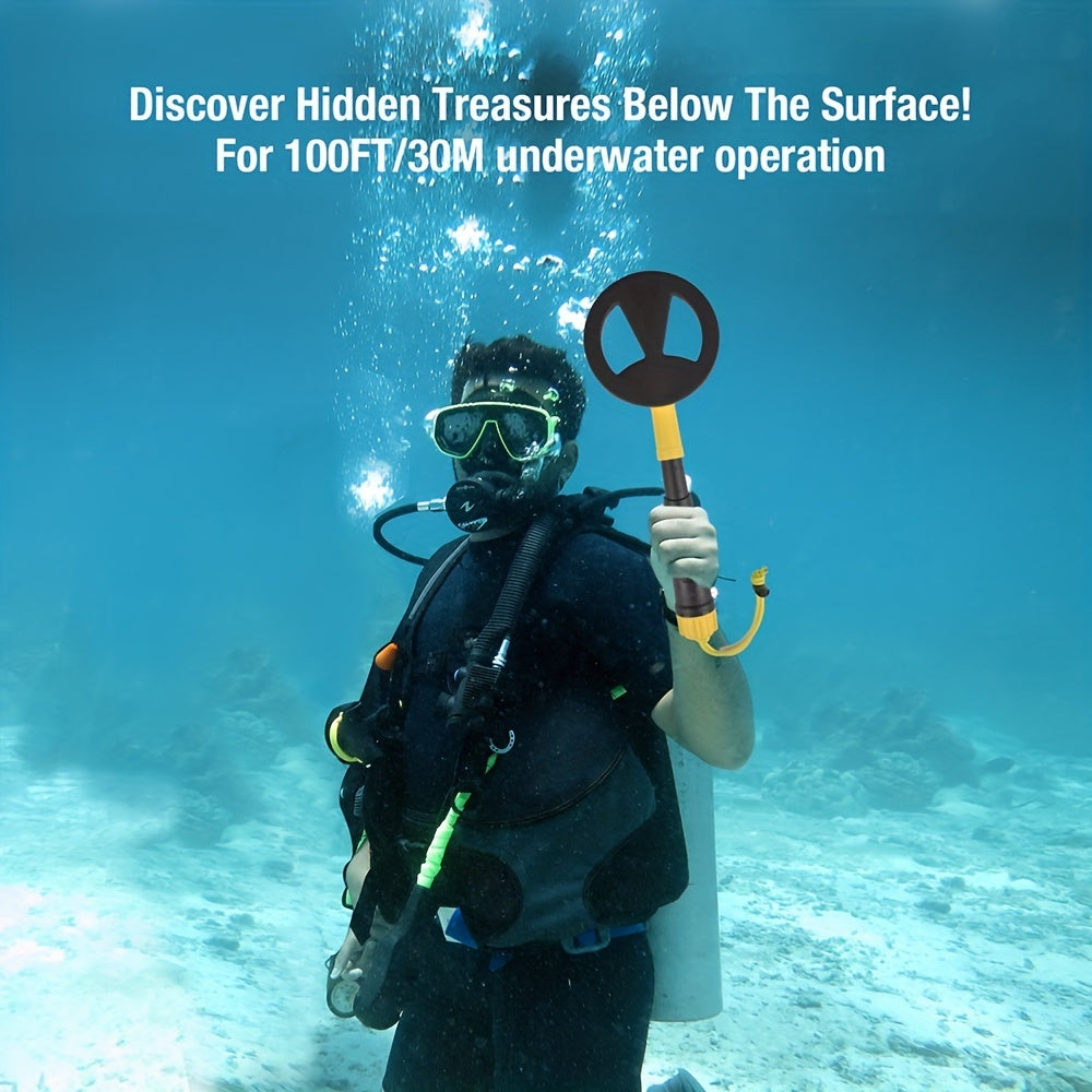 Underwater metal detector with LED & vibration alerts, ideal for diving & snorkeling, batteries not included.