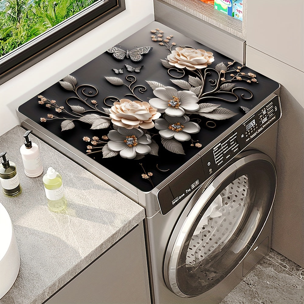 Black Floral Print Washing Machine Dust Cover Mat - 50.04x59.94 cm - Quick-Dry Absorbent Tabletop Pad - Made of Polyester - Modern Top Cover for Dryer and Washer - Ideal for Laundry Room and Kitchen - 1pc