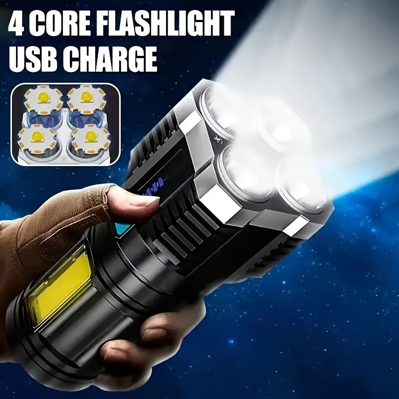 USB rechargeable LED flashlight with 4 modes and COB side light, perfect for outdoor activities.