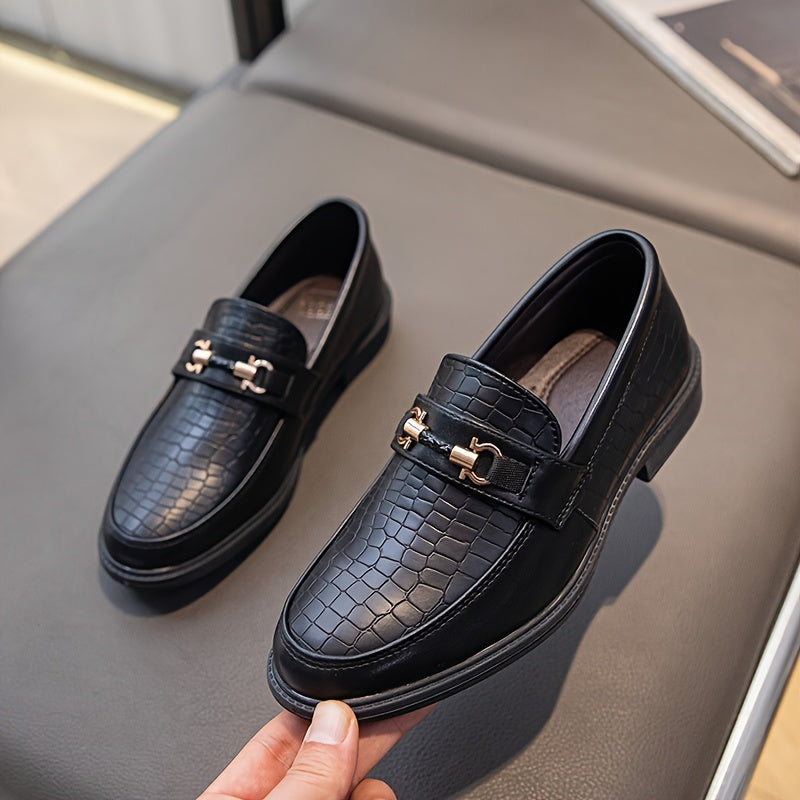 Vintage-inspired slip-on loafers with elegant British style, faux leather, breathable, suitable for business and casual wear. Features a pointed toe and TPR sole. Comes in black and brown