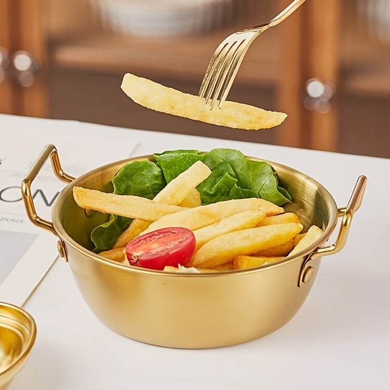 304 stainless steel bowls with handles for cooking, baking, salads, pho, grains in 4 sizes and either gold or silver. Suitable for snacks, noodles, ramen, and Korean side dishes.