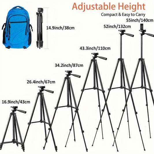 ZOMEI 129.54 sm alyuminiy tripod, masofadan boshqarish pultiga va telefon ushlagichiga ega, uchrashuvlarni yozish va ochiq havoda jonli translyatsiya qilish uchun, tugma batareyasi bilan ishlaydi.