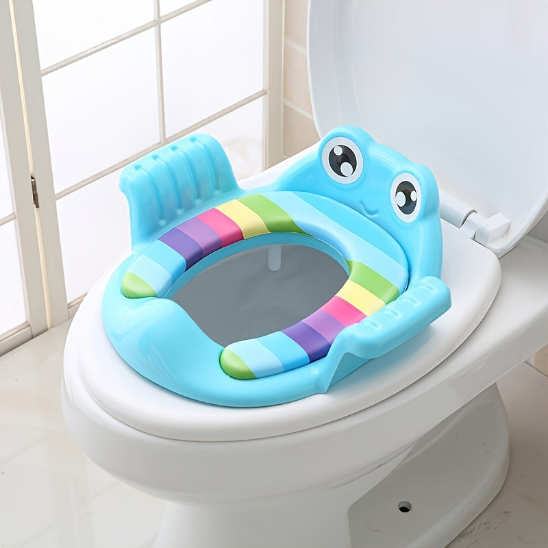 Frog potty training seat with splash guard and non-slip mat, portable and comfortable for easy travel and a perfect gift.