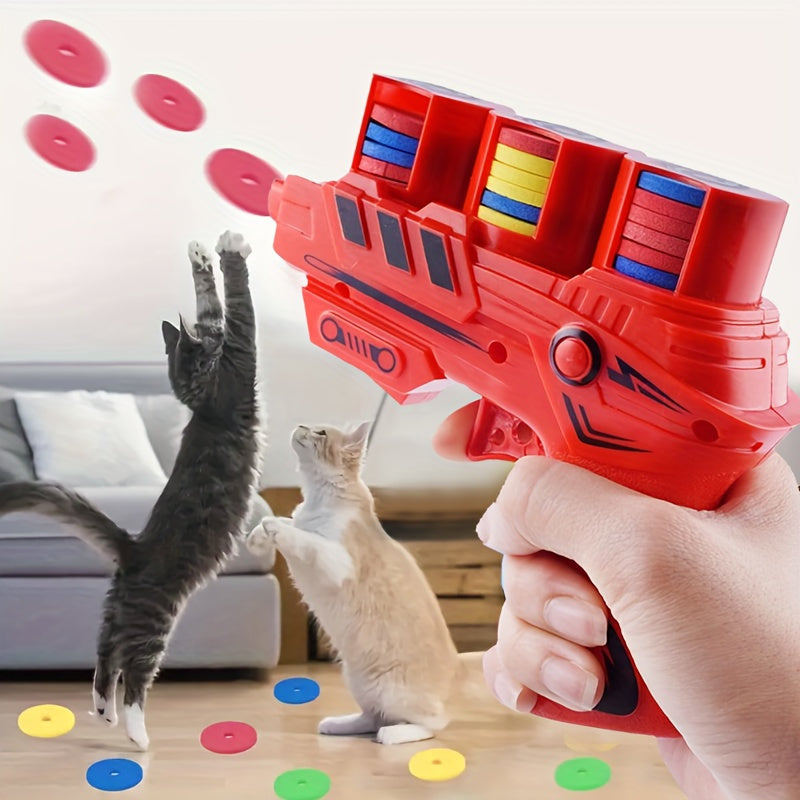 Safe foam disk launcher gun for interactive indoor and outdoor play for boys and girls. Perfect for birthday gifts, school rewards, and party favors. Suitable for cat interaction.