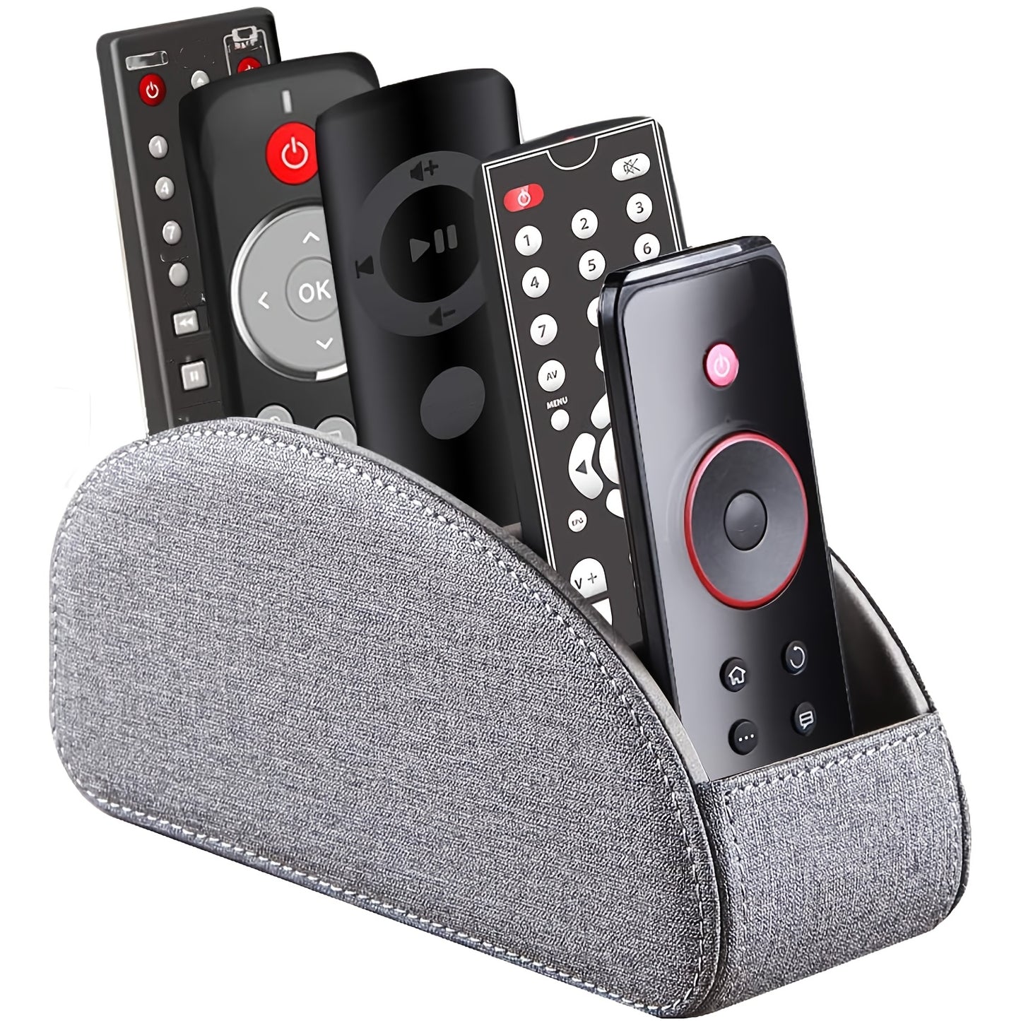 Compact faux leather remote control holder with 5 compartments for TV remotes, game controllers, and office supplies. Perfect for organizing on nightstands, desks, and tabletops. Ideal for home storage.