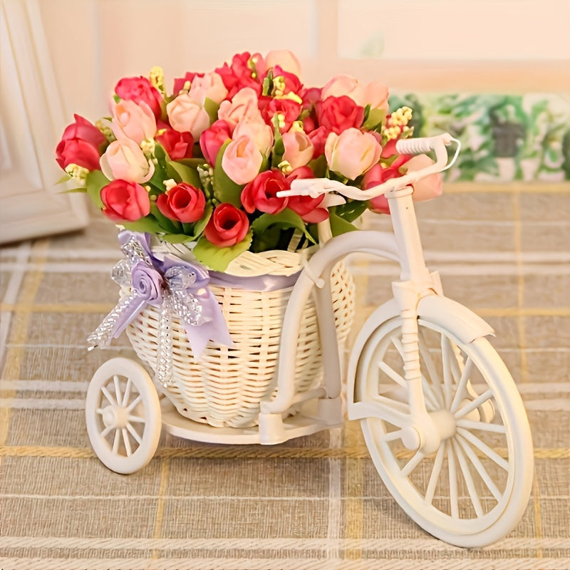 Stylish artificial flower pot on rattan cart for living room decor and supermarket displays.