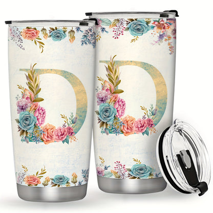 20oz Stainless Steel Tumbler with Initial Monogram, Floral Design, Leak Proof Lid, Perfect for Outdoor Activities, Great Gift for Holidays.