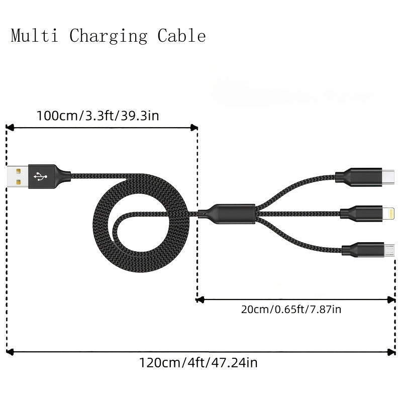 Fast charging USB cable compatible with iPhone, Samsung, Type-C, Micro USB devices and various Android smartphones.