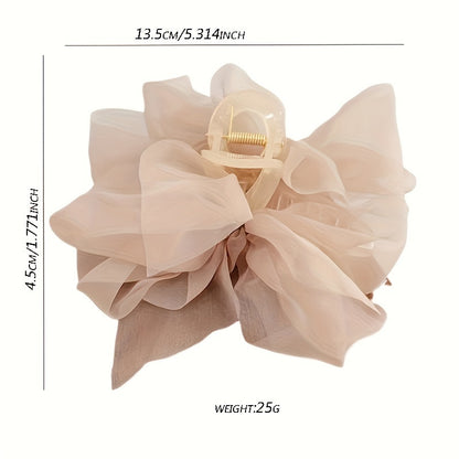 Chic large beige tulle bow hair claw clip with sweet milk coffee fairy design, perfect for Valentine's Day.