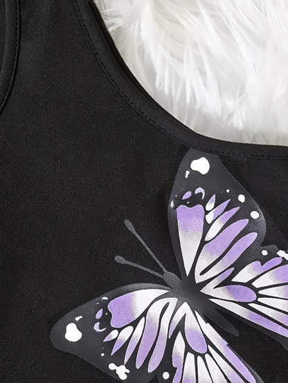 Girls' Purple Top & Butterfly Dress Set - Stylish & Comfortable - Ideal for Spring/Fall Fashion - Featuring Elegant Butterfly Design - Cozy Elastane Mix, Suitable for Outdoor Wear