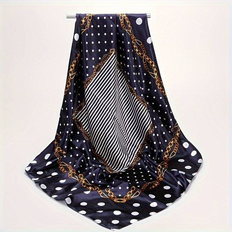 Lightweight silk faux scarf with fashion satin polka dot print, measures 88.9cm square.