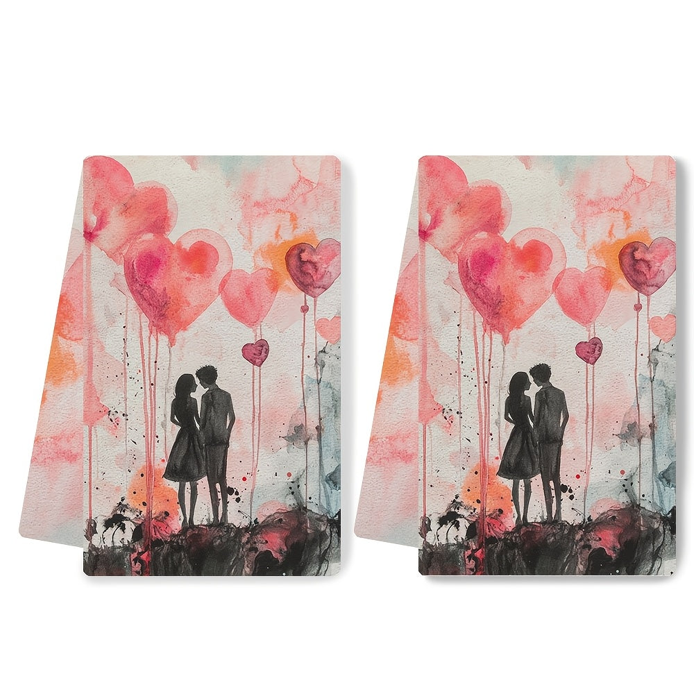 Set of 2 Romantic Balloon Illustrated Kitchen Towels - Made of Ultra Soft, Highly Absorbent Polyester, 40.64x60.96 cm, Easy to Clean in Washing Machine, Ideal for Adding a Touch of Love to Your Valentine's Day Decor, Perfect for Drying Dishes