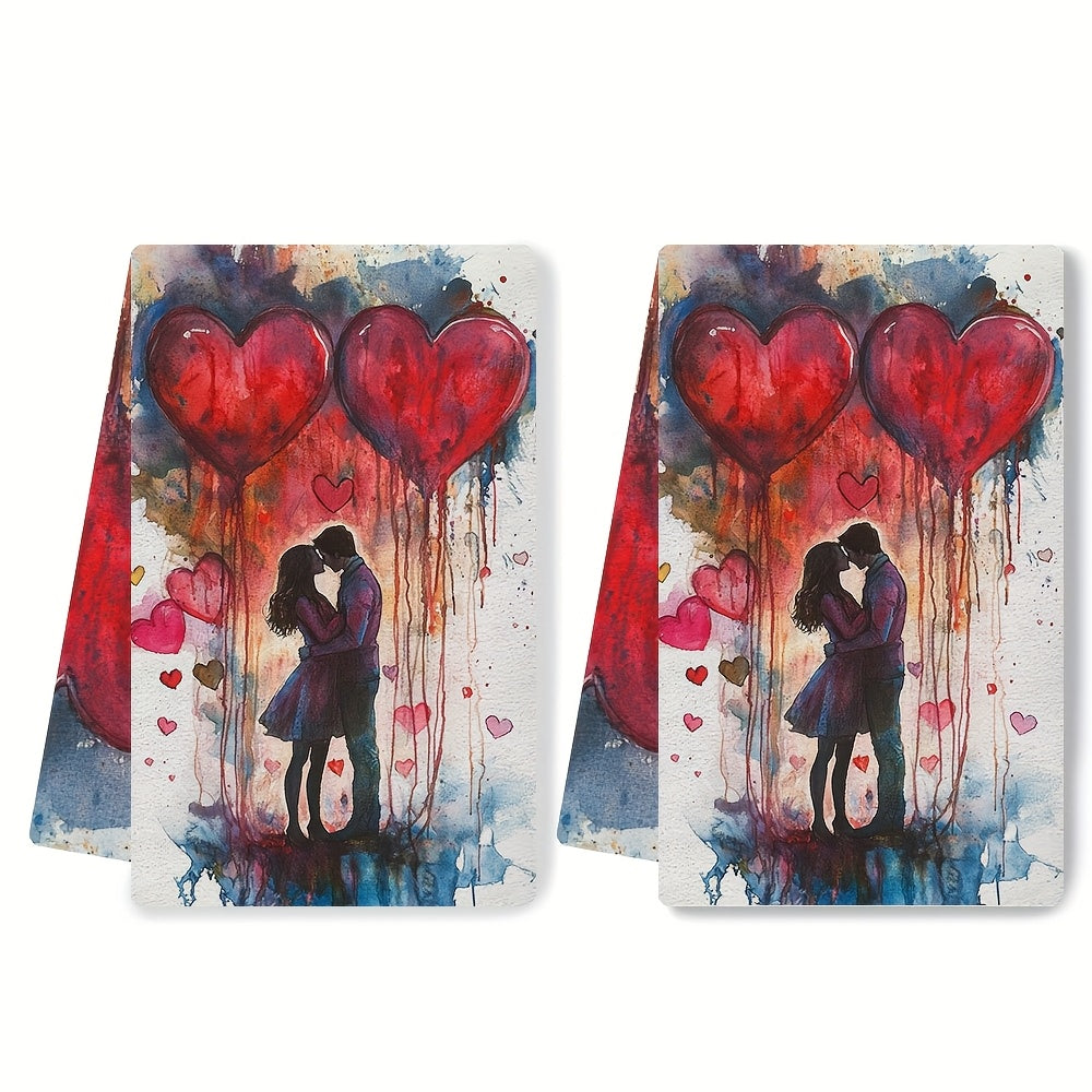 Valentine's Day Kitchen Towels Set of 2, Modern Coastal Design, Highly Absorbent Polyester Knit Fabric, Easy to Clean in Washing Machine, 40.64x60.96 cm, Lovely Hand Towels for Holiday Decor - SKU: 2KYSYS1217552, Dish Cloths