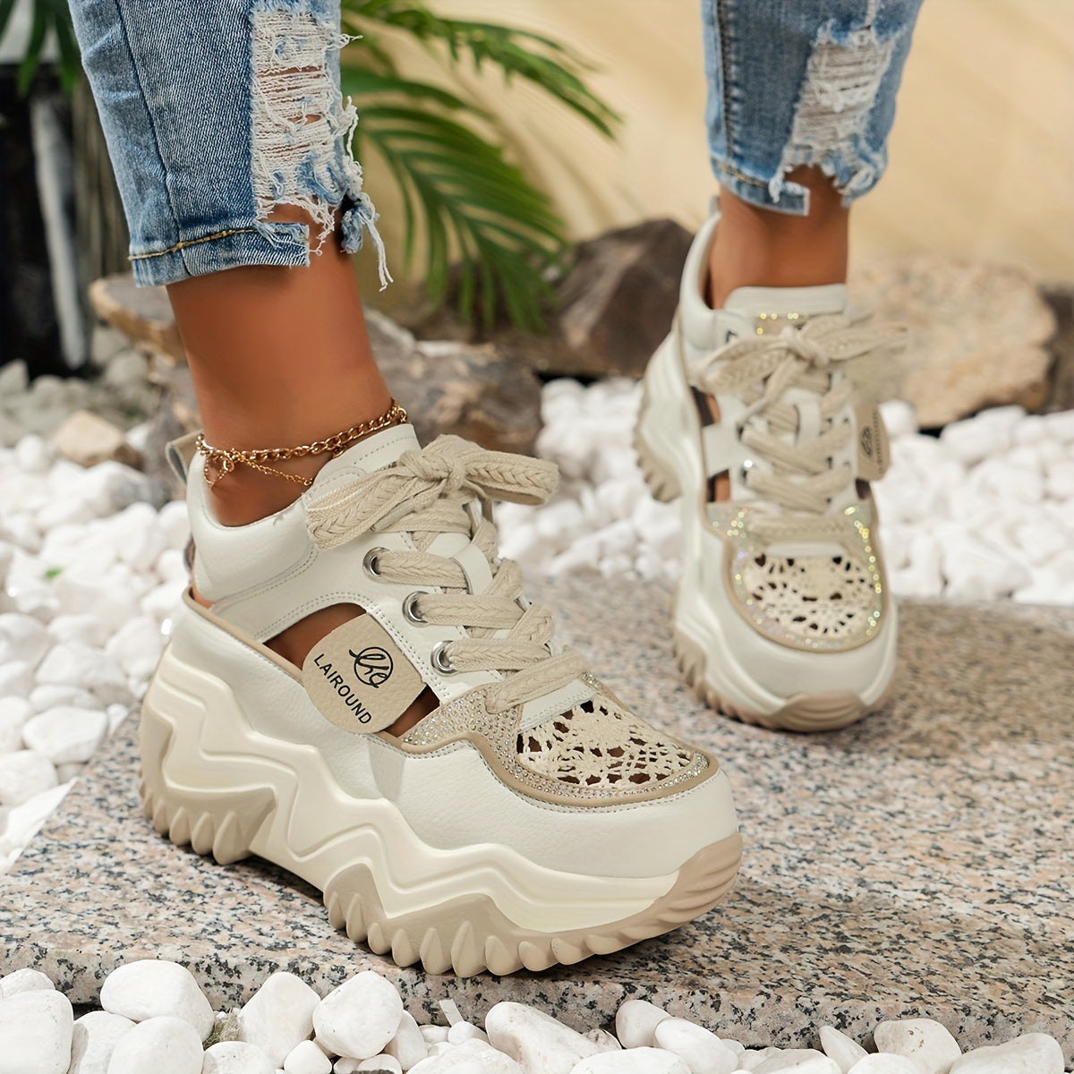 Solid color lace up platform sneakers with soft sole, hollow design, breathable and heightening low-top style for women.