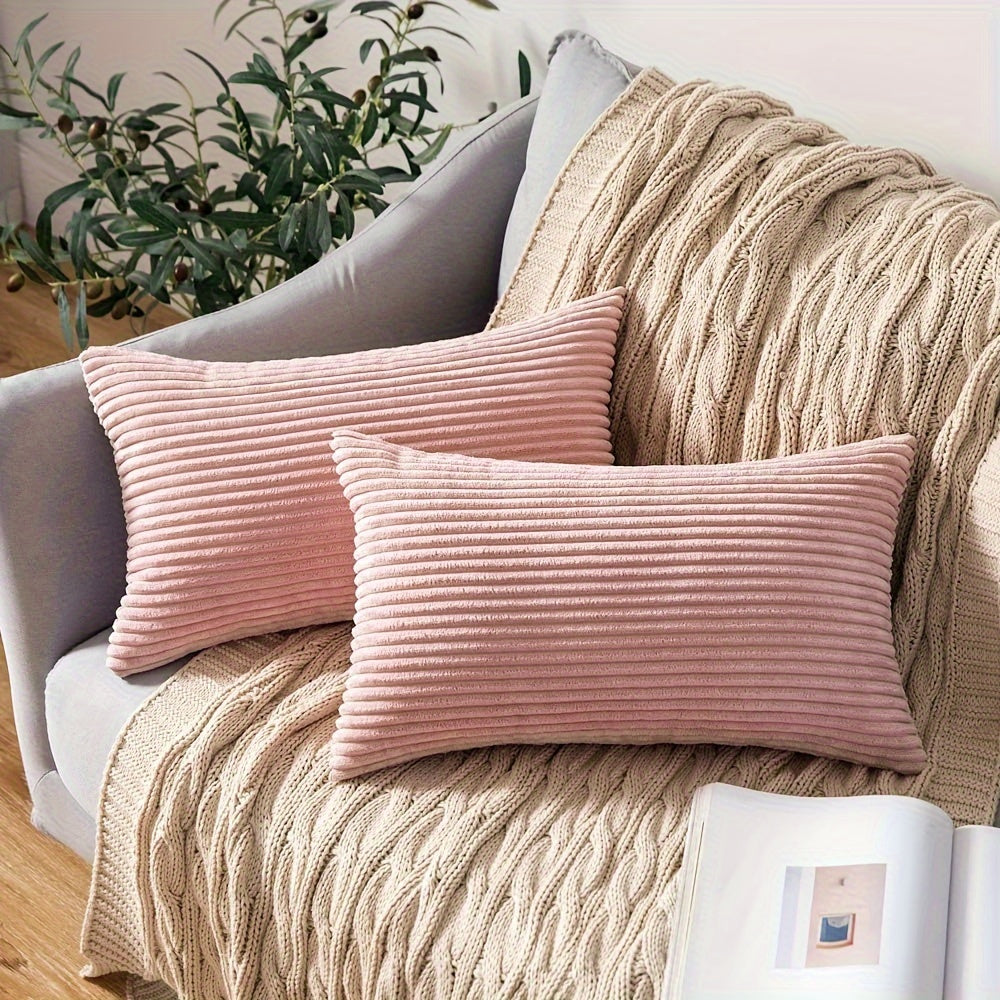 Bohemian style pillow cover with striped pattern, zipper closure, and woven polyester material. Hand wash only. Ideal for sofa, living room, bedroom, or farmhouse decor. Gift-friendly packaging. 1 piece per pack.