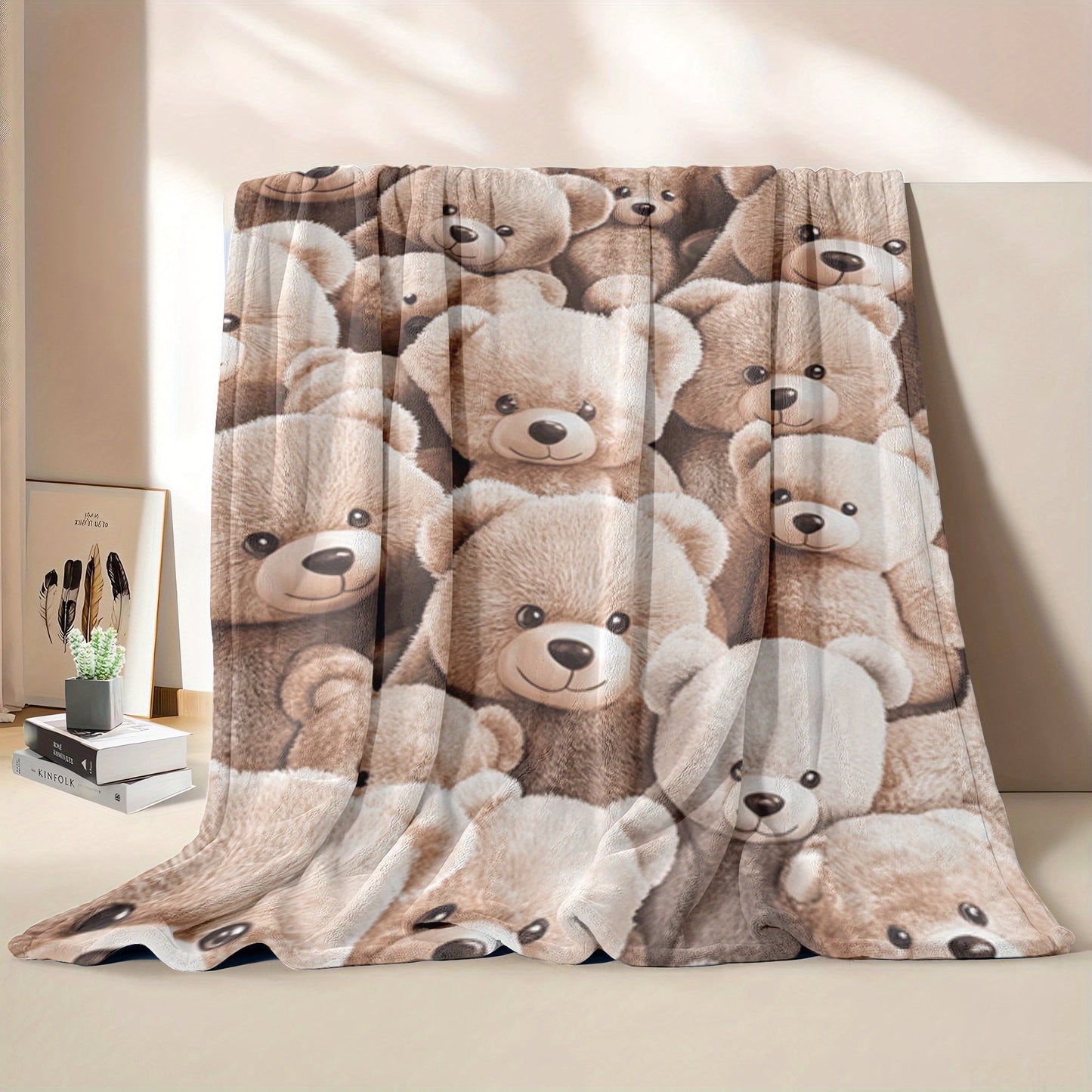 Soft and Cozy Cartoon Teddy Bear Print Flannel Throw Blanket - Perfect for All Seasons, Quilted Polyester Bedding with a Contemporary Design, Versatile and Hypoallergenic, Great Christmas Gift for Loved Ones