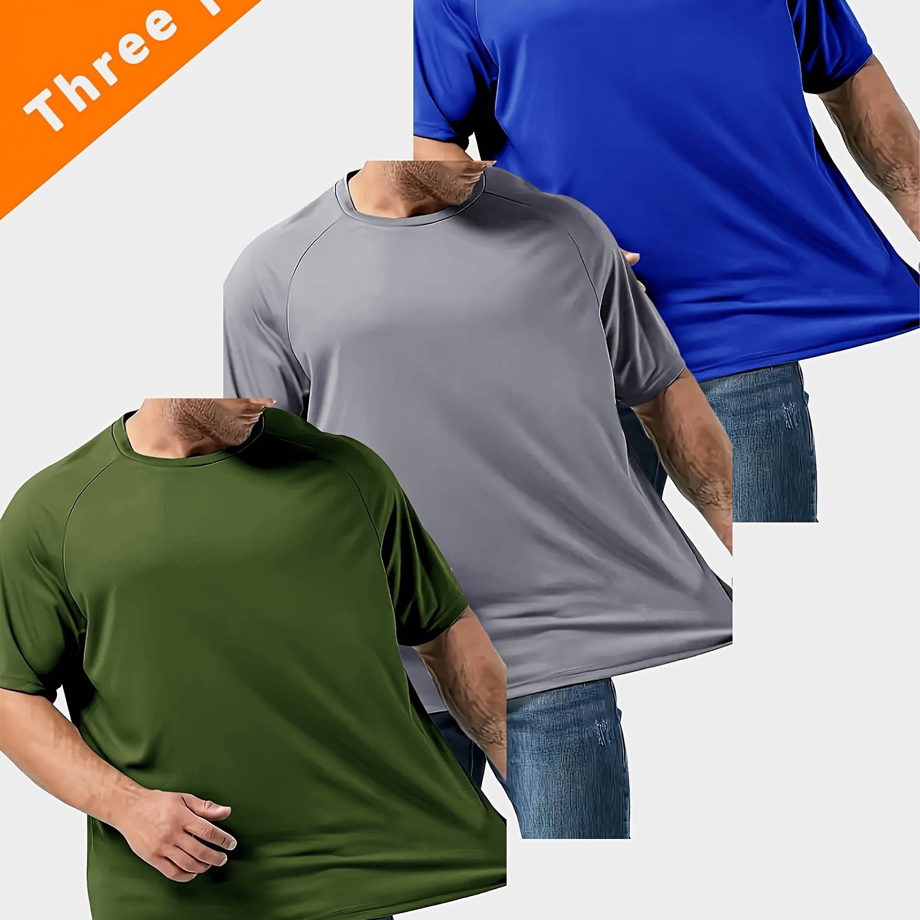 Three large solid short-sleeve sports t-shirts for men, versatile for outdoor activities and leisure, plus size