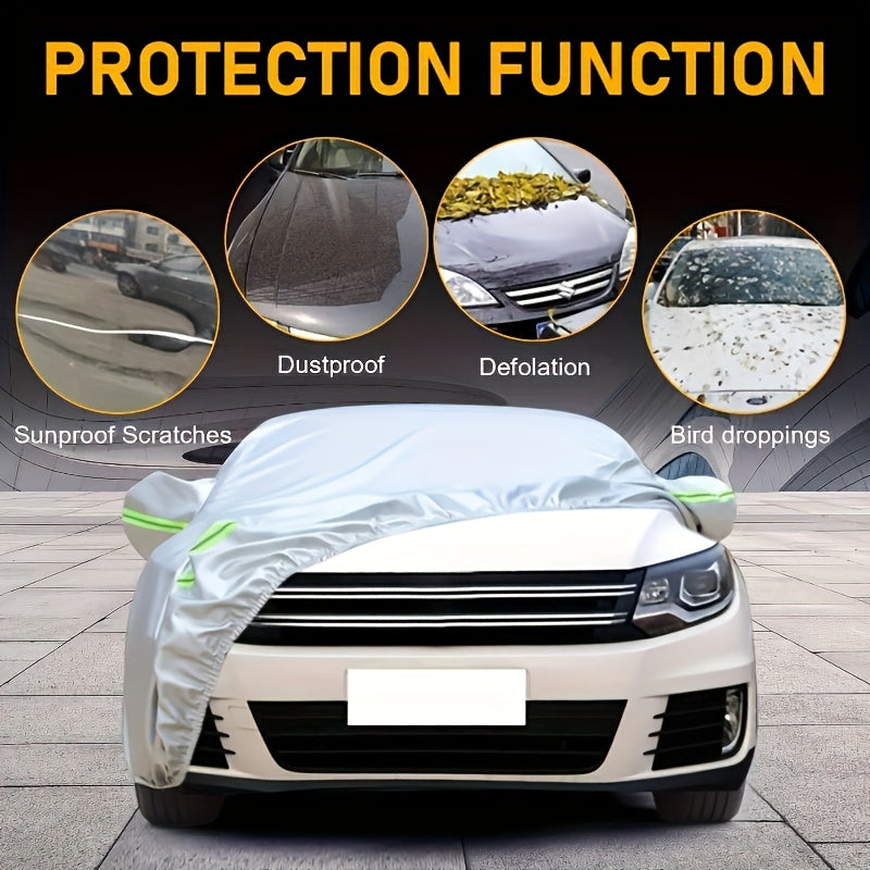 Car cover with UV and dust protection, suitable for cars, pickups, SUVs, and hatchbacks. Features reflective strip for added protection. Suitable for outdoor use.