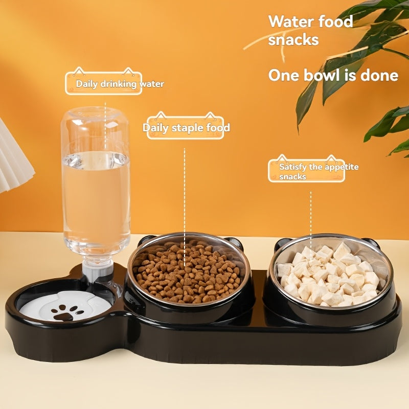 Dual bowl pet feeder and water dispenser made of stainless steel and plastic with easy sloped design for cats and dogs.