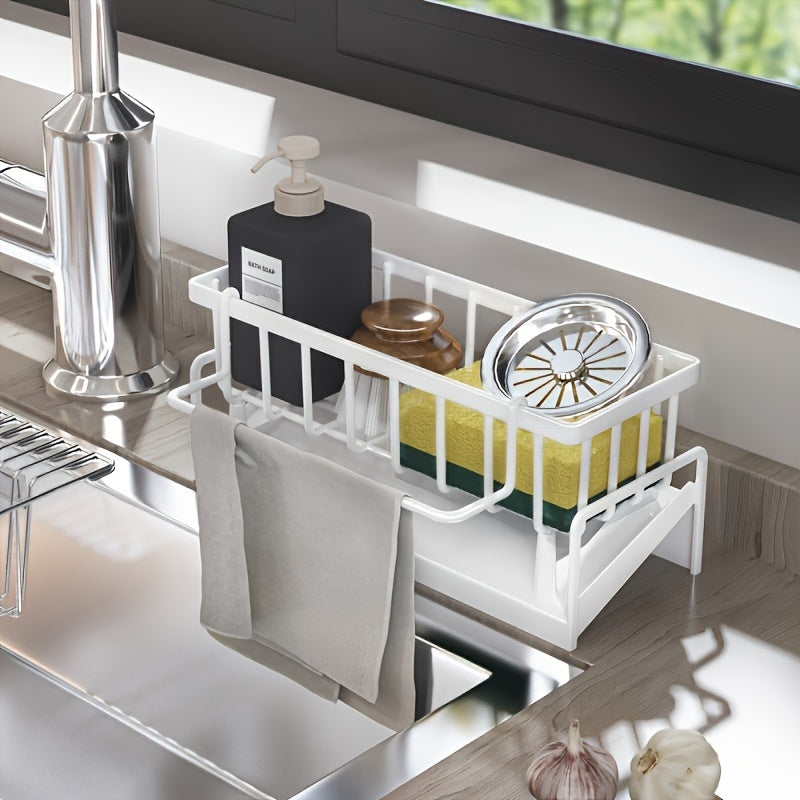 Versatile Kitchen & Bathroom Faucet Caddy with Sponge and Cloth Holder - Made of Strong Plastic, Battery-Free, Stylish Stainless Steel Appearance