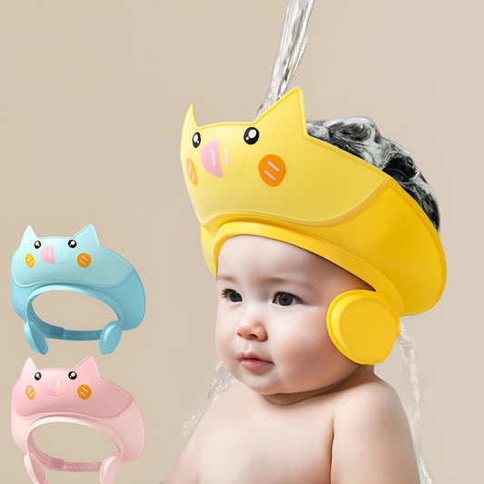 1pc Cute Piggy-Themed Kids Shower Cap | Soft & Comfortable TPE | Adjustable with Ear Protection | Pink, Blue, Yellow designs for Fun Bath Time