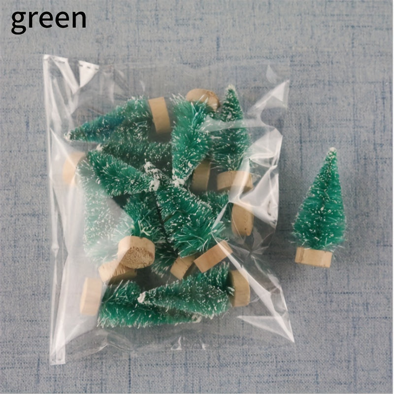 12 mini Christmas tree decorations, including fir and pine trees, for tabletop and home decor. Perfect for New Year's festivities and winter-themed parties. Ideal for creating a festive atmosphere in any room.