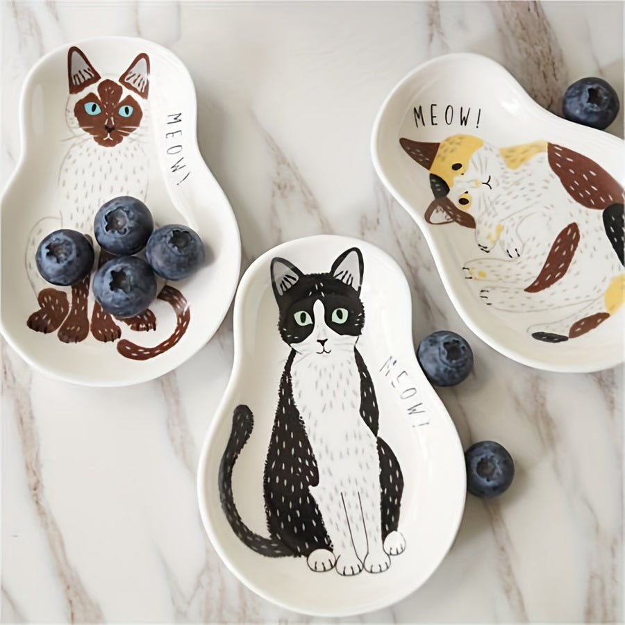 Cute ceramic plate for sauces with kitten pattern, perfect for home kitchens or dorm rooms. Versatile for chili sauce, mustard, ketchup, salad dressings, and vinegar.