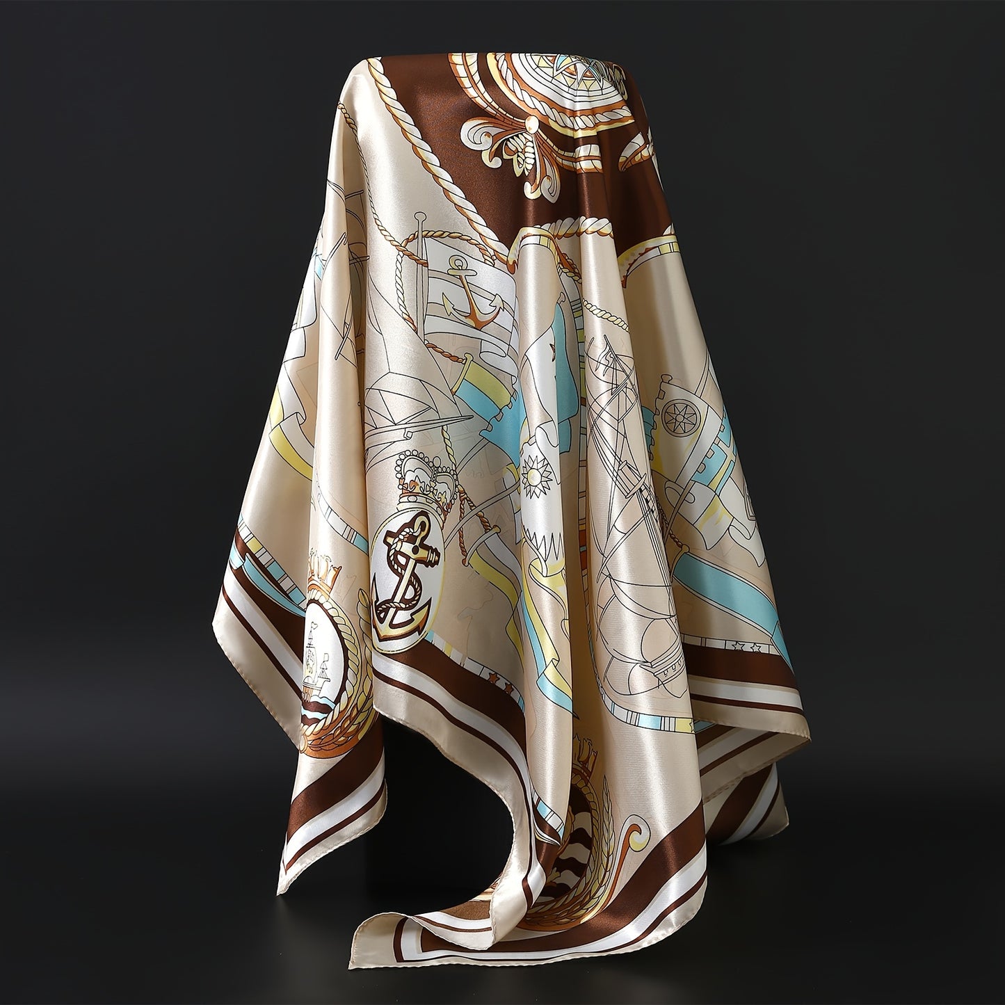 1pc Elegant Black & Golden Print Scarf - Stylish square headscarf with floral and geometric design, windproof and sun-protective. Luxury polyester fabric, 40g/m². Perfect for all seasons.