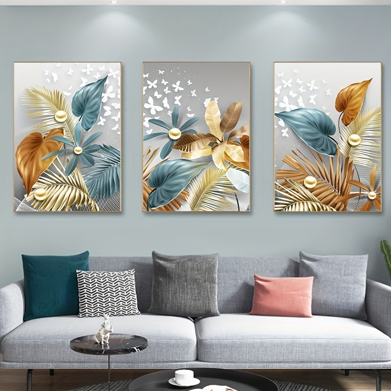 Set of 3 frameless modern golden butterfly leaves canvas paintings for living room decor, size 15.7*23.6in/40cm*60cm