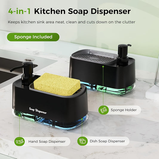 4-in-1 soap dispenser set with sponge holder, suitable for kitchen or bathroom. Made of BPA-free plastic with leakproof pumps. Perfect for gifts and holiday decorations.