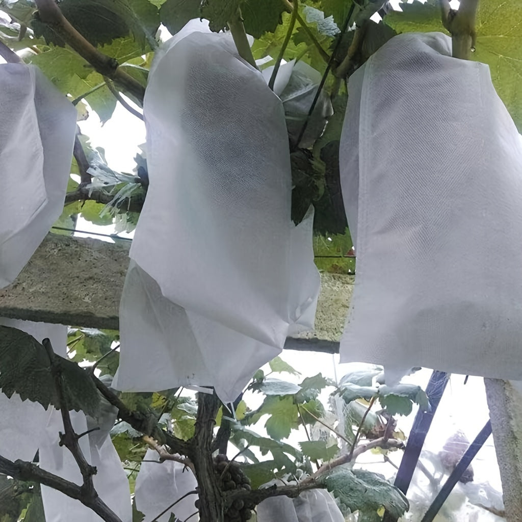 Protect your garden plants from insects and birds with 100 drawstring fruit protection bags. These mesh covers are a barrier for grapes, mangoes, and vegetables, and do not require