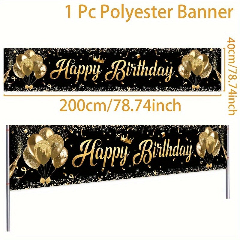 1 piece black and gold Happy Birthday banner for party decoration, supplies, background decor, and photo props. Ideal for indoor and outdoor use.