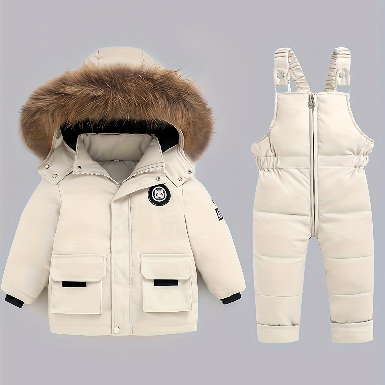 Kids' Winter Warmth Set: Hooded Jacket & Overalls - Cozy Polyester, Zip-Up, Non-Stretch, Letter Print, Long Sleeve, Regular Fit for Boys & Girls - Ideal for Skiing & Outdoor Play