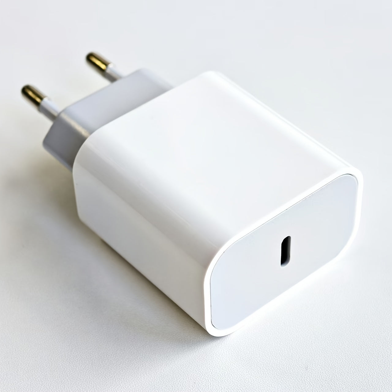 Compact 10W USB-C charger with EU plug, great for European travel, works with iPhone, iPad, Galaxy, and other USB-C devices, ensures safe and smart power delivery.