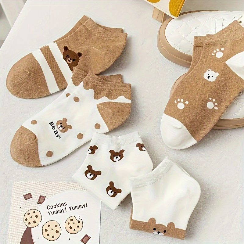 5 cute bear design ankle socks for women. Made of soft polyester and spandex blend, lightweight and cute for casual wear.