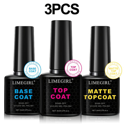 LIMEGIRL Nail Primer/Base/Top Coat 3-in-1, 8ML - Quick Drying, Long Lasting DIY Nail Art Gift