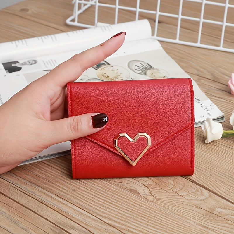 Women's mini wallet with heart-shaped design, card slots, coin pouch, faux leather